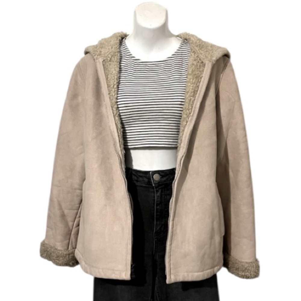 Vintage Esprit 90s Beige Shearling Faux Suede Fur Hooded Collar Zipper Jacket